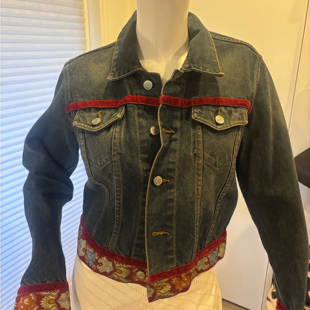 Vintage Denim Jacket with Pink Velvet Trim